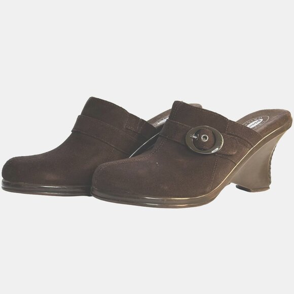 DR SCHOLLS Brown Suede Buckle Mule Slides 8 Comfort Wedge Heels Classic Chic - Picture 1 of 8